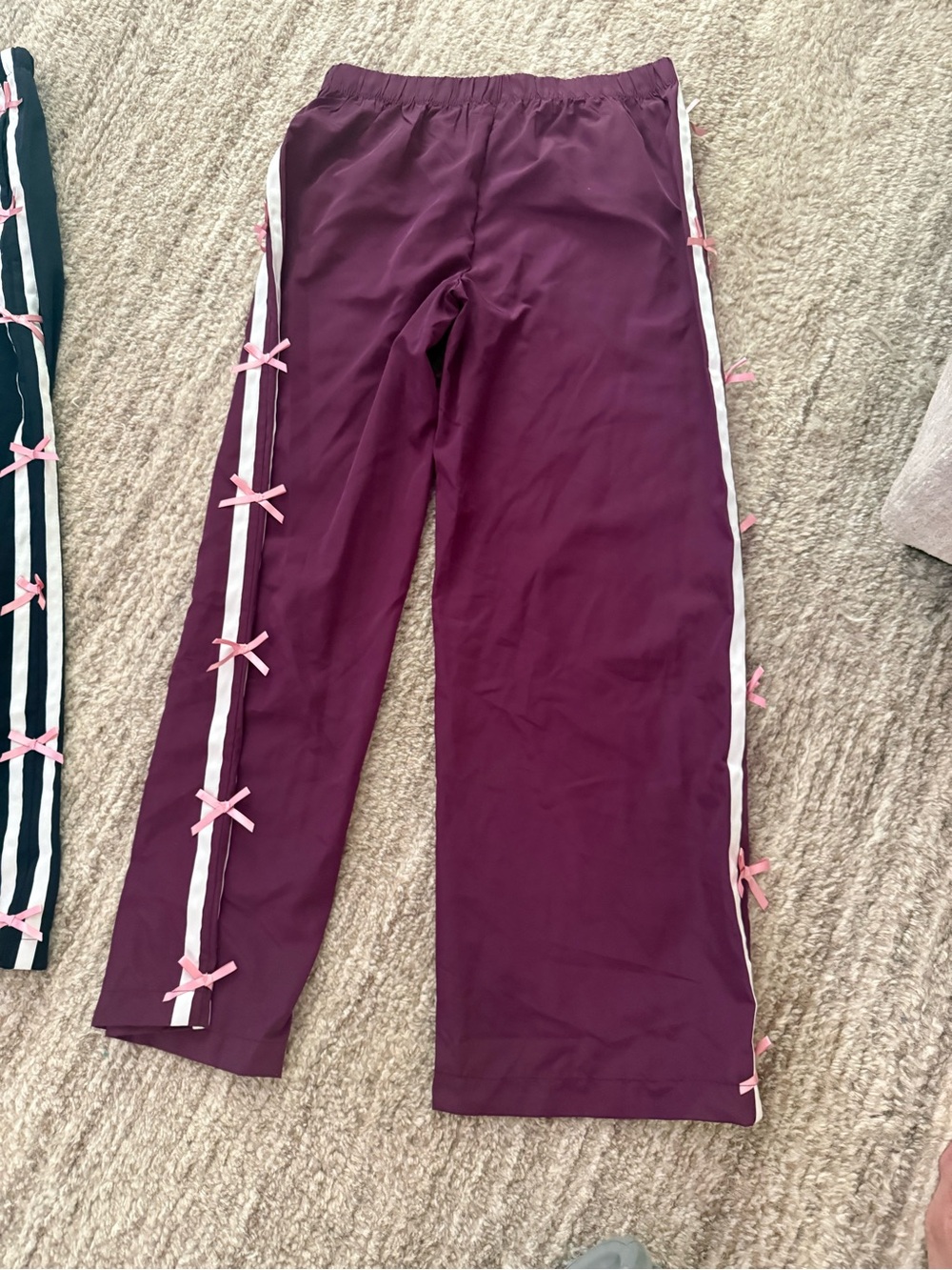 Edikted Burgundy Track Pants with White Stripe & Pink Bows